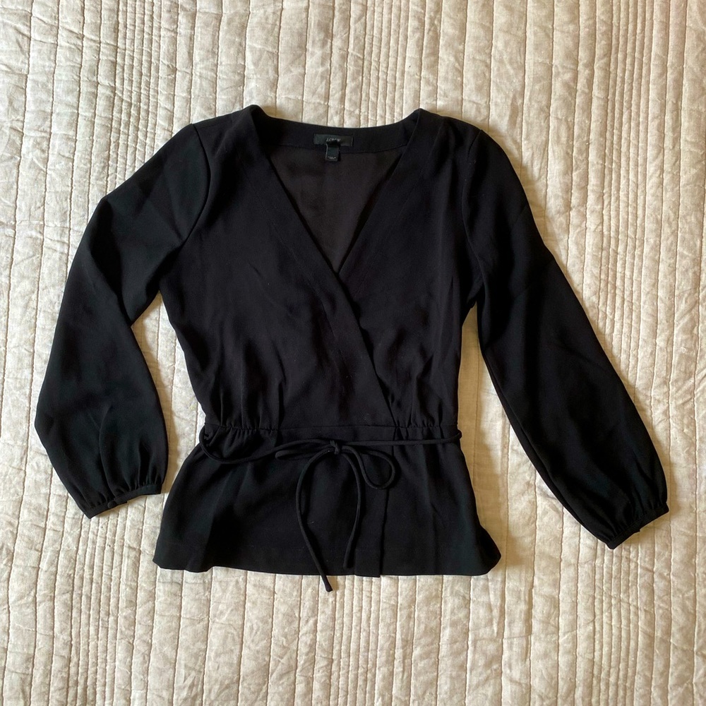 J Crew faux wrap top with tie and side zipper